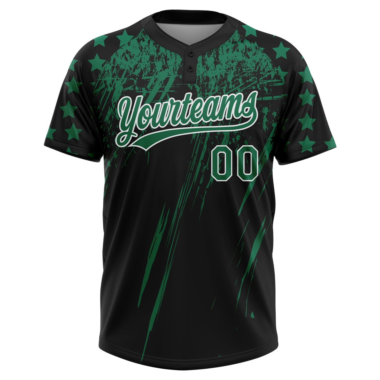 Custom Black Kelly Green-White Distressed Scratch Brush Stroke Star Raglan Sleeves Two-Button Unisex Softball Jersey view 2