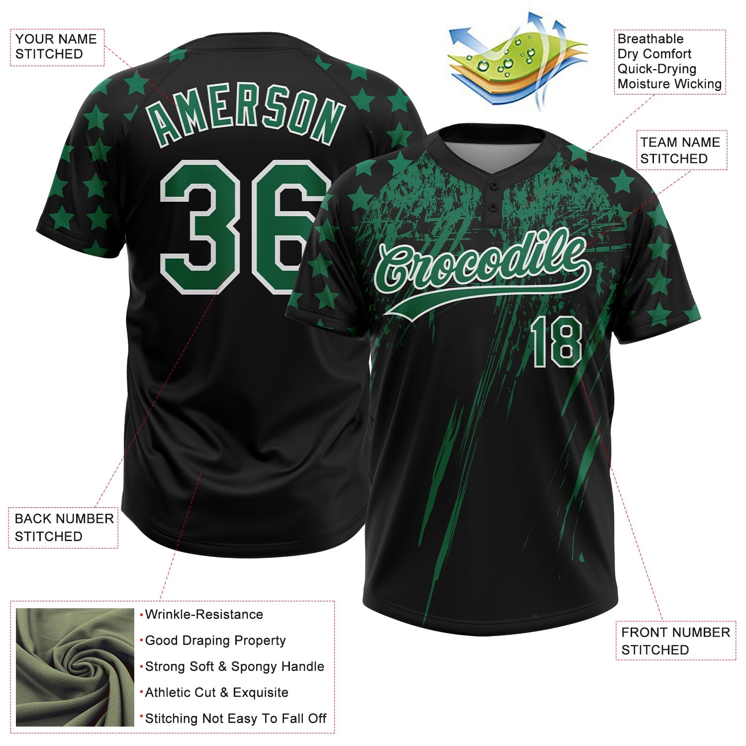 Custom Black Kelly Green-White Distressed Scratch Brush Stroke Star Raglan Sleeves Two-Button Unisex Softball Jersey view 3