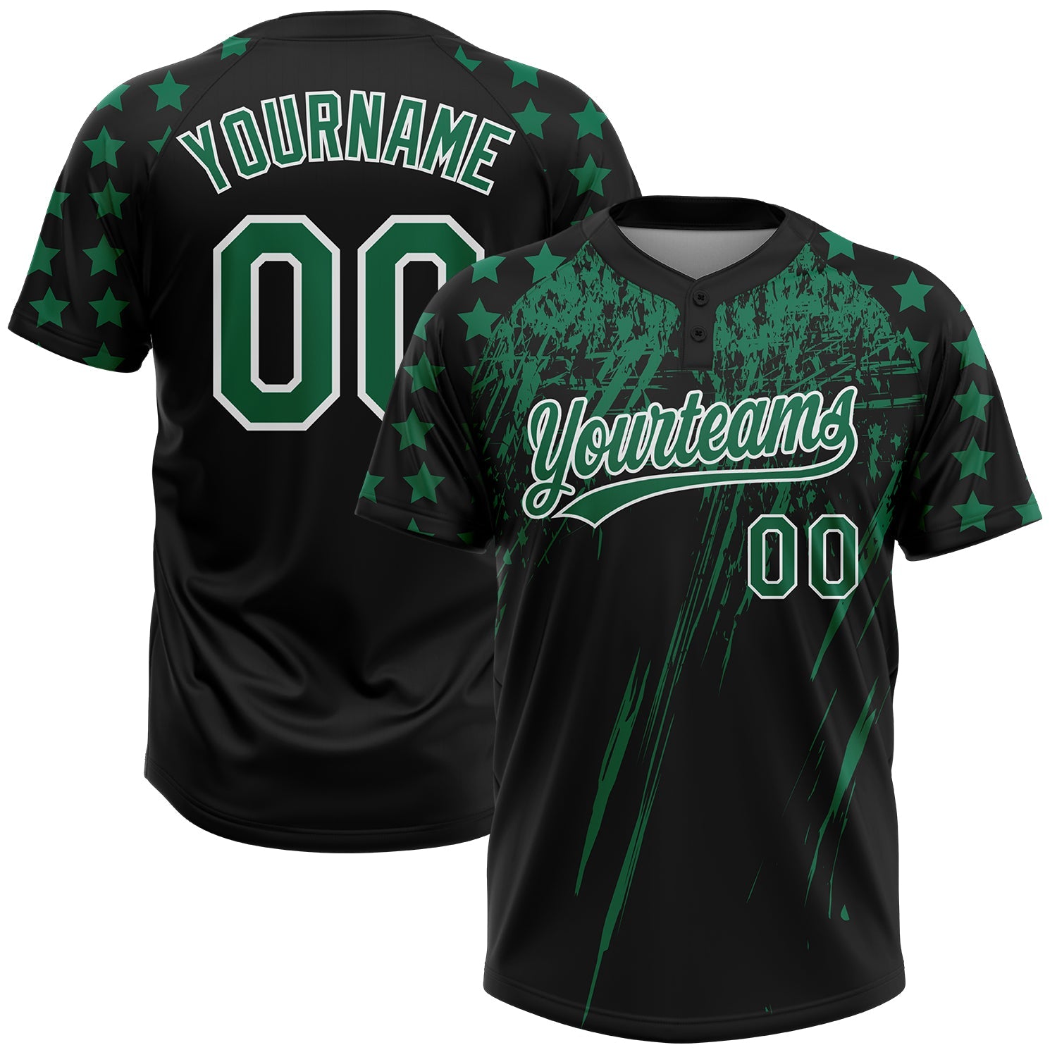 Custom Black Kelly Green-White Distressed Scratch Brush Stroke Star Raglan Sleeves Two-Button Unisex Softball Jersey - Main View