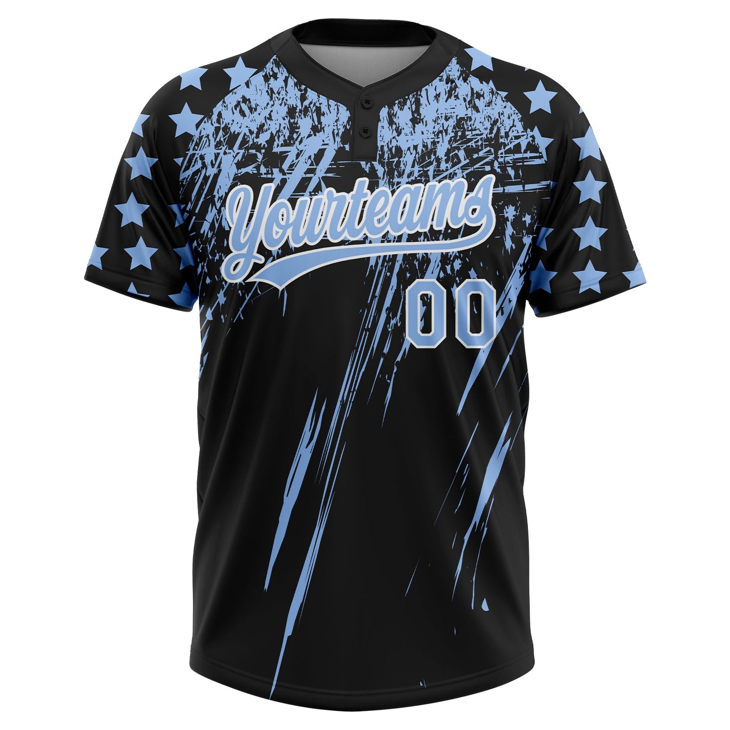 Custom Black Light Blue-White Distressed Scratch Brush Stroke Star Raglan Sleeves Two-Button Unisex Softball Jersey view 2