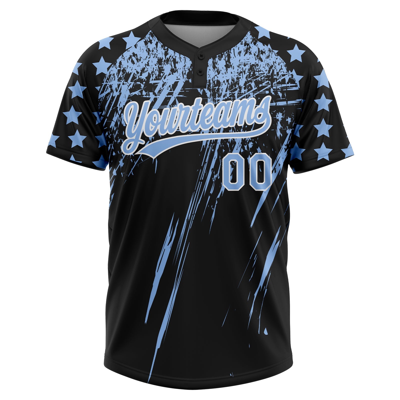 Custom Black Light Blue-White Distressed Scratch Brush Stroke Star Raglan Sleeves Two-Button Unisex Softball Jersey view 2