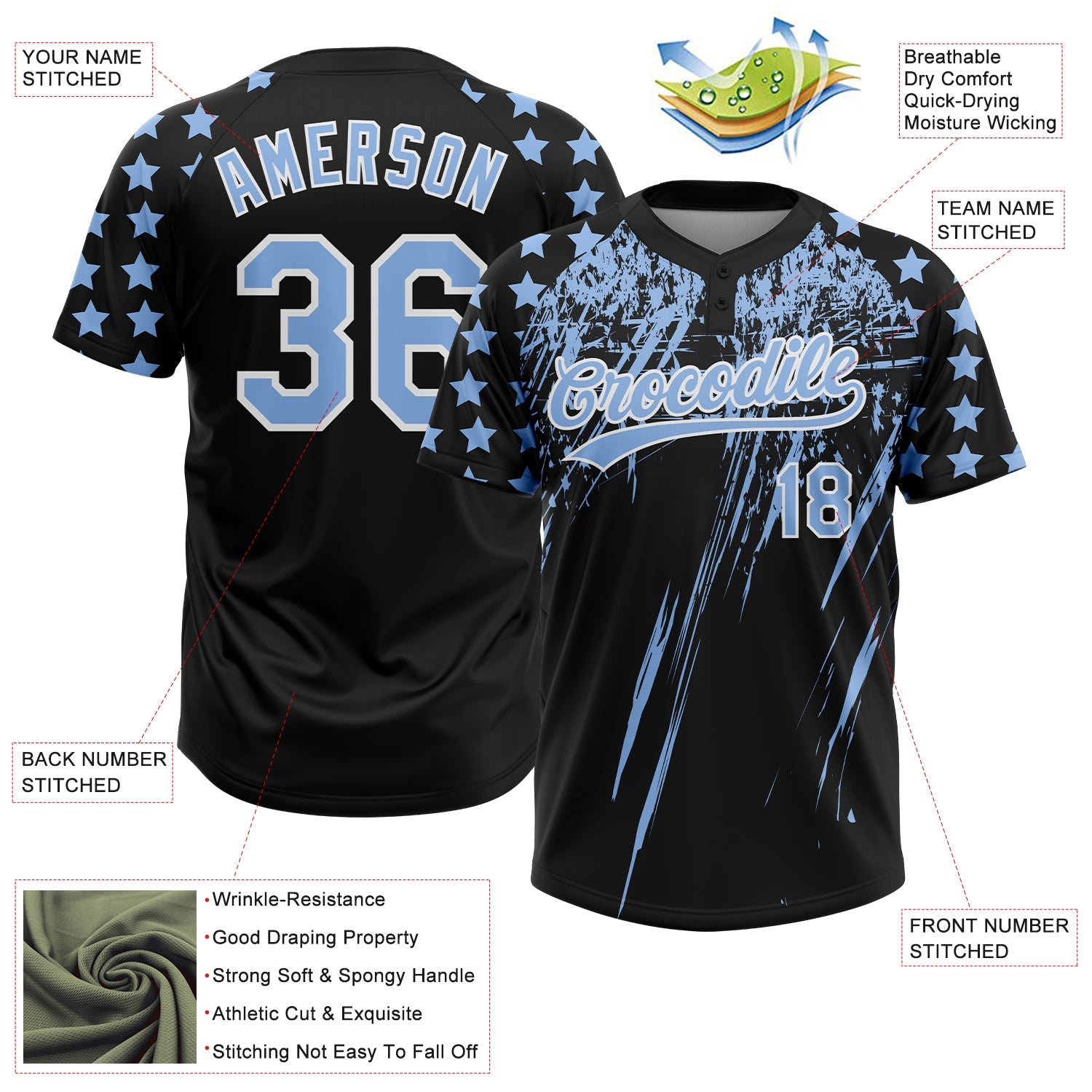 Custom Black Light Blue-White Distressed Scratch Brush Stroke Star Raglan Sleeves Two-Button Unisex Softball Jersey view 3