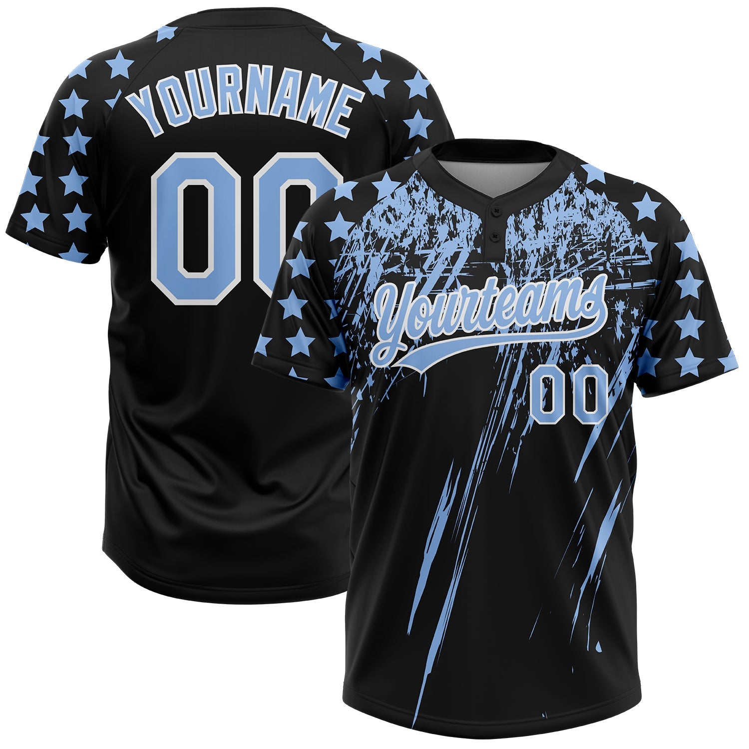 Custom Black Light Blue-White Distressed Scratch Brush Stroke Star Raglan Sleeves Two-Button Unisex Softball Jersey - Main View