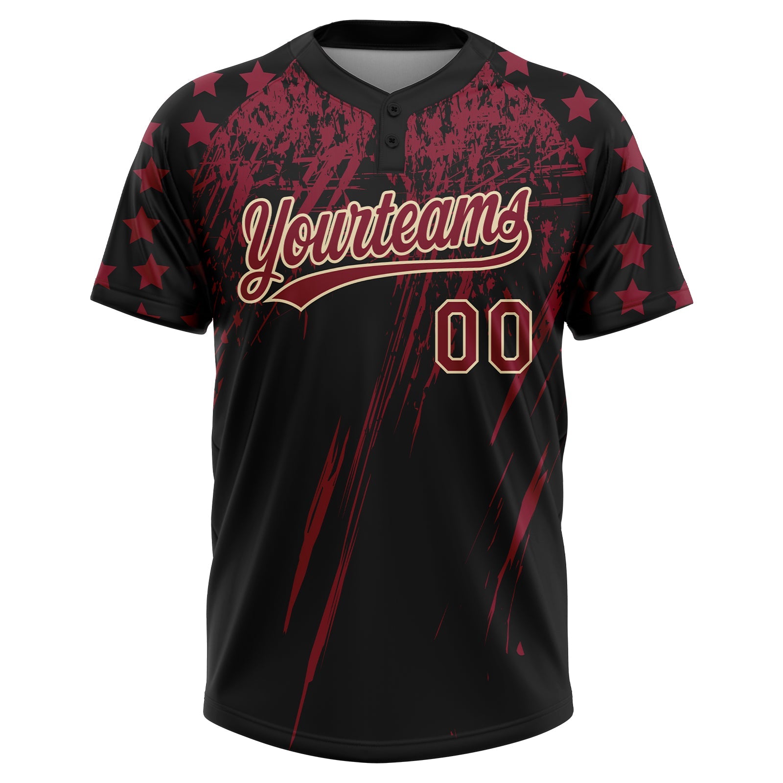 Custom Black Crimson-Cream Distressed Scratch Brush Stroke Star Raglan Sleeves Two-Button Unisex Softball Jersey view 2