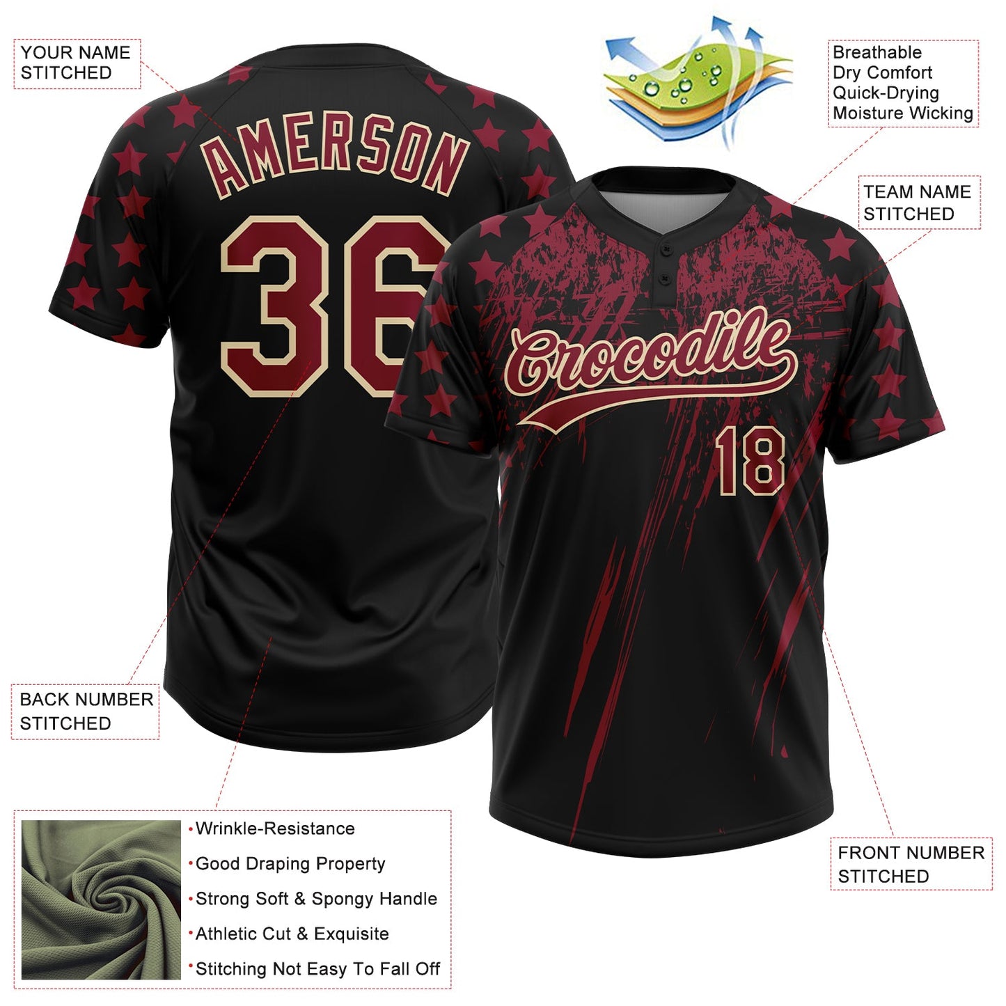 Custom Black Crimson-Cream Distressed Scratch Brush Stroke Star Raglan Sleeves Two-Button Unisex Softball Jersey view 3