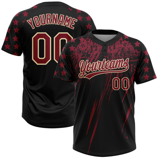 Custom Black Crimson-Cream Distressed Scratch Brush Stroke Star Raglan Sleeves Two-Button Unisex Softball Jersey - Main View
