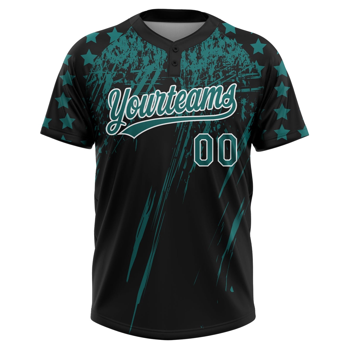 Custom Black Teal-White Distressed Scratch Brush Stroke Star Raglan Sleeves Two-Button Unisex Softball Jersey view 2