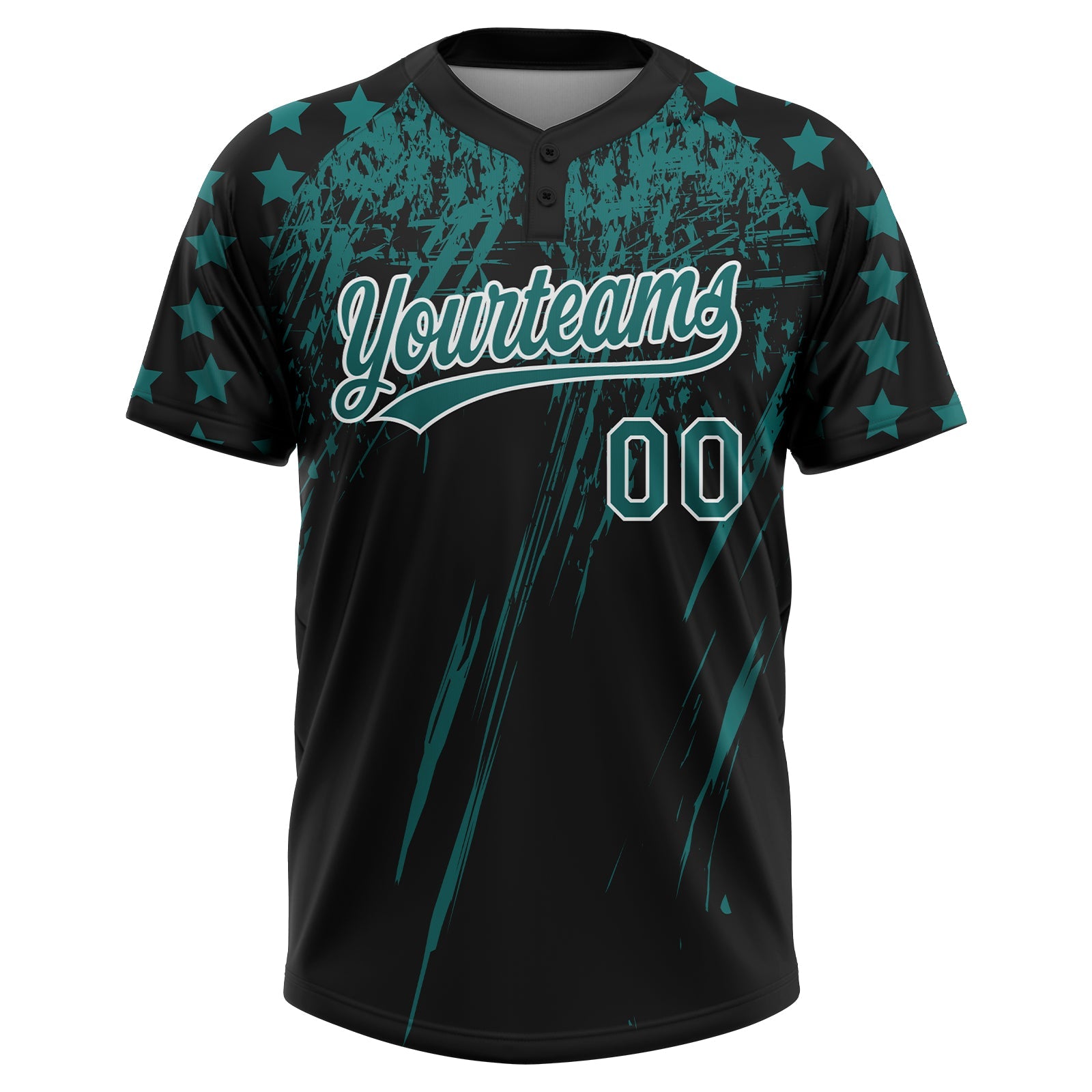 Custom Black Teal-White Distressed Scratch Brush Stroke Star Raglan Sleeves Two-Button Unisex Softball Jersey view 2