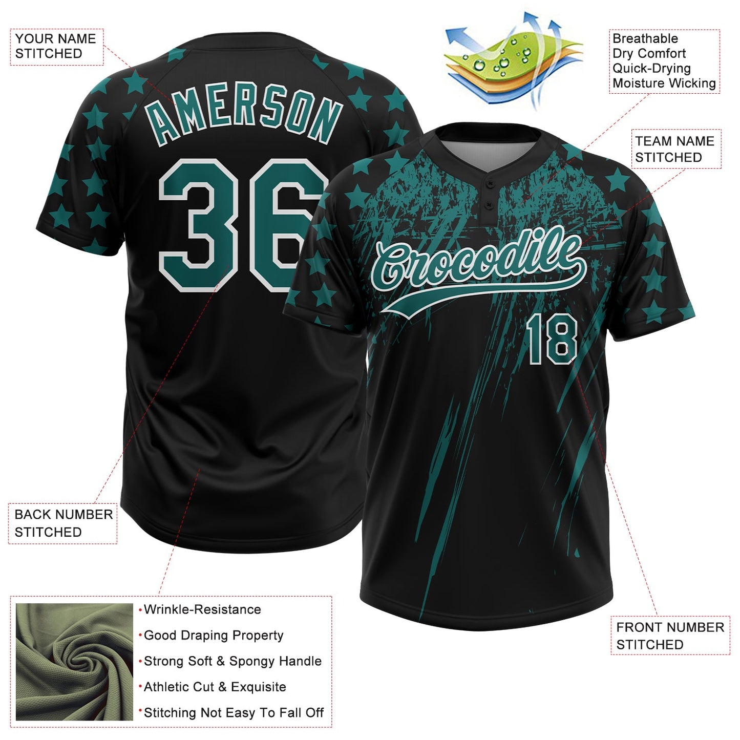 Custom Black Teal-White Distressed Scratch Brush Stroke Star Raglan Sleeves Two-Button Unisex Softball Jersey view 3
