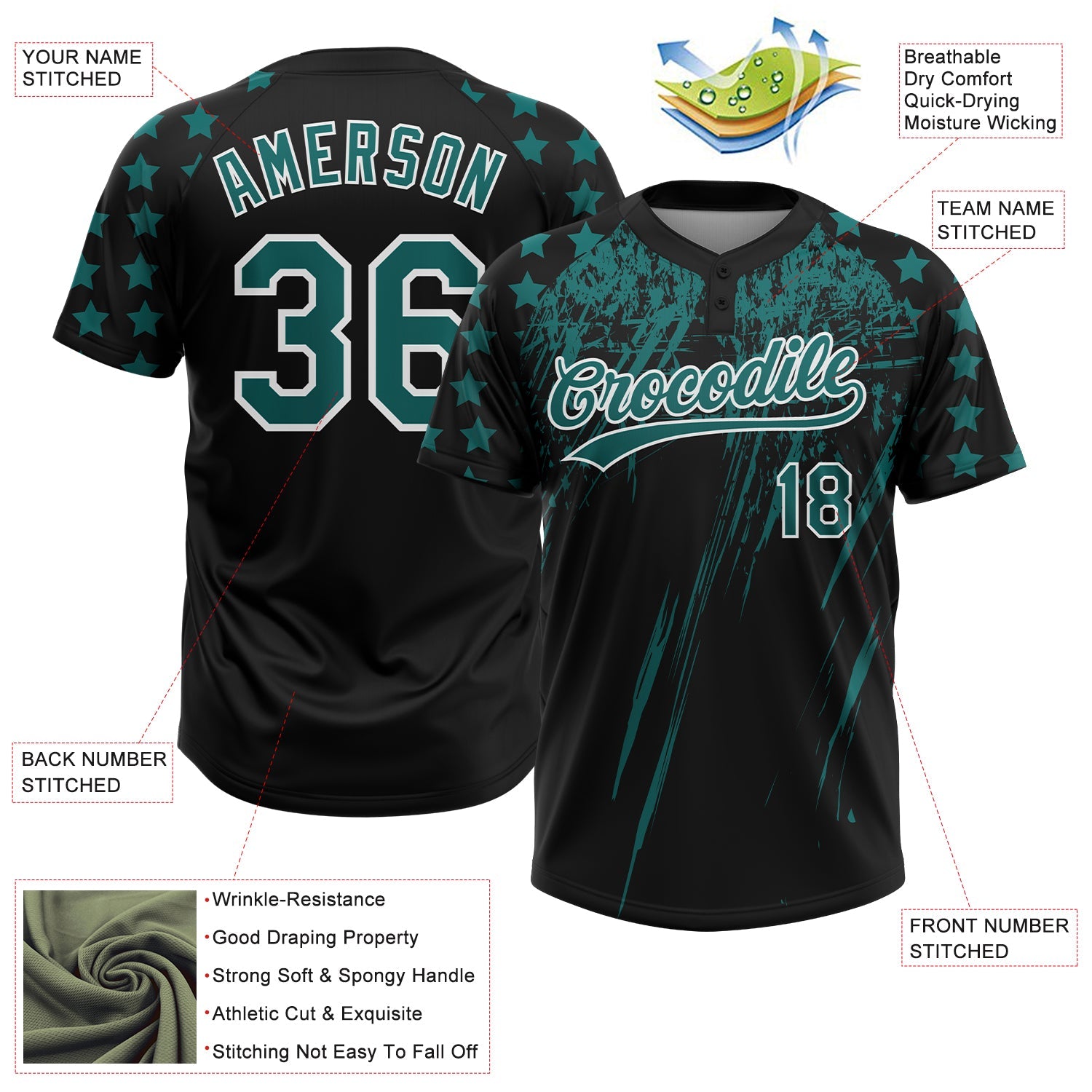 Custom Black Teal-White Distressed Scratch Brush Stroke Star Raglan Sleeves Two-Button Unisex Softball Jersey view 3