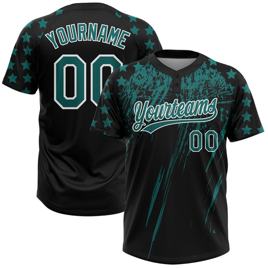 Custom Black Teal-White Distressed Scratch Brush Stroke Star Raglan Sleeves Two-Button Unisex Softball Jersey - Main View