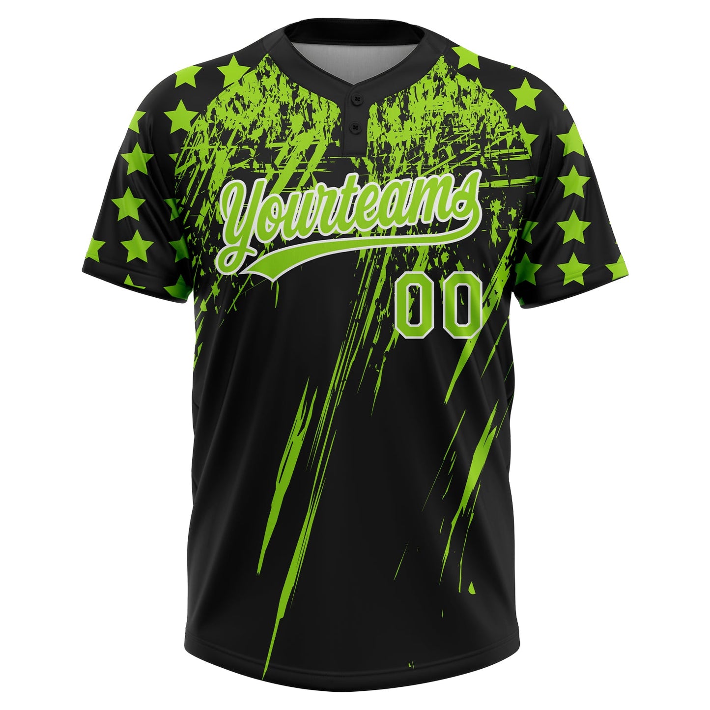Custom Black Neon Green-White Distressed Scratch Brush Stroke Star Raglan Sleeves Two-Button Unisex Softball Jersey view 2
