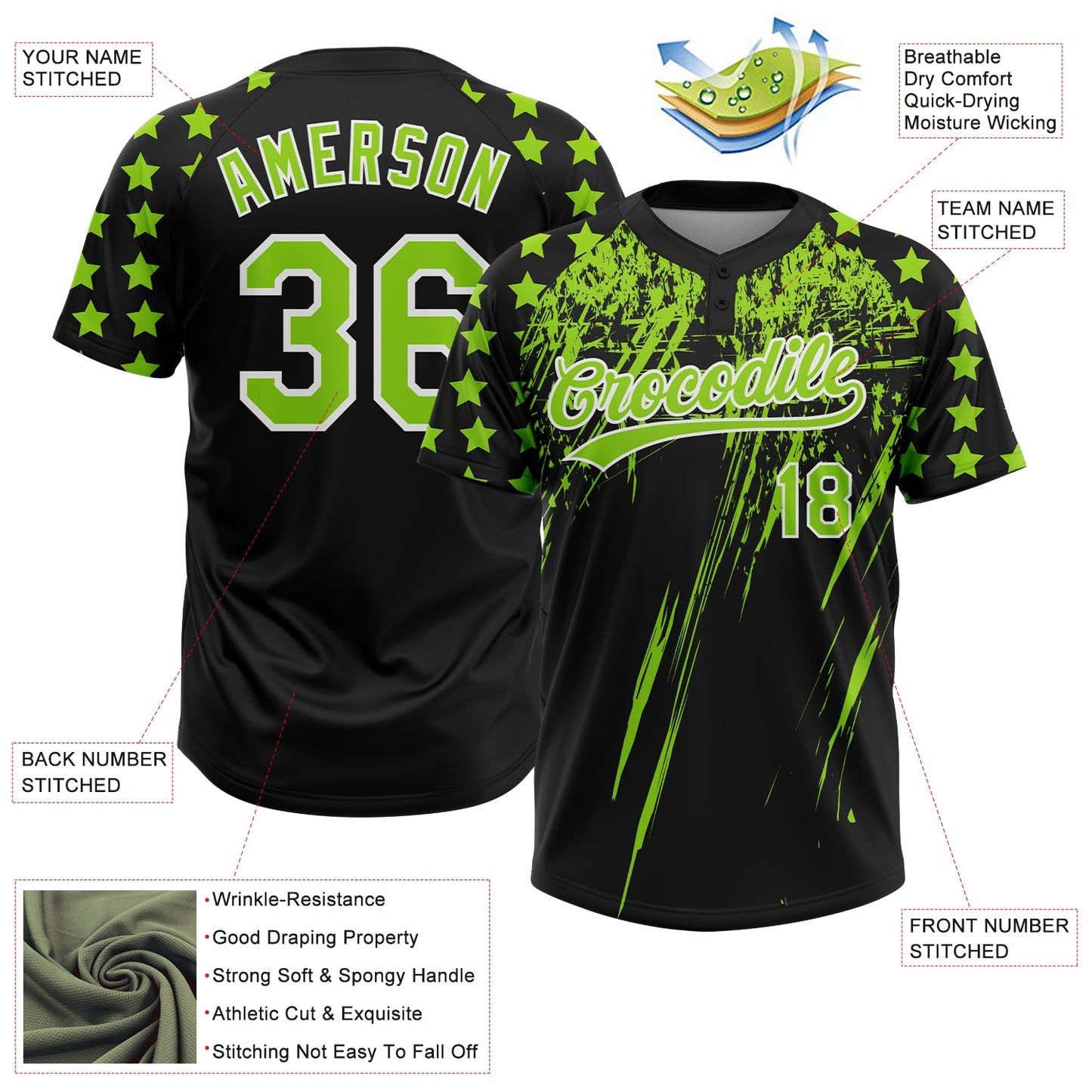 Custom Black Neon Green-White Distressed Scratch Brush Stroke Star Raglan Sleeves Two-Button Unisex Softball Jersey view 3