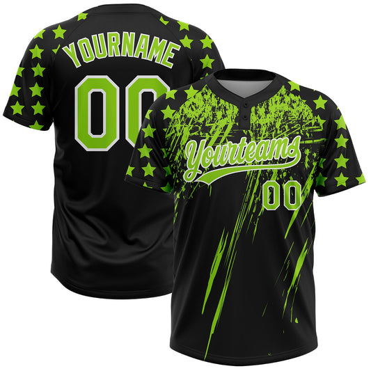 Custom Black Neon Green-White Distressed Scratch Brush Stroke Star Raglan Sleeves Two-Button Unisex Softball Jersey - Main View