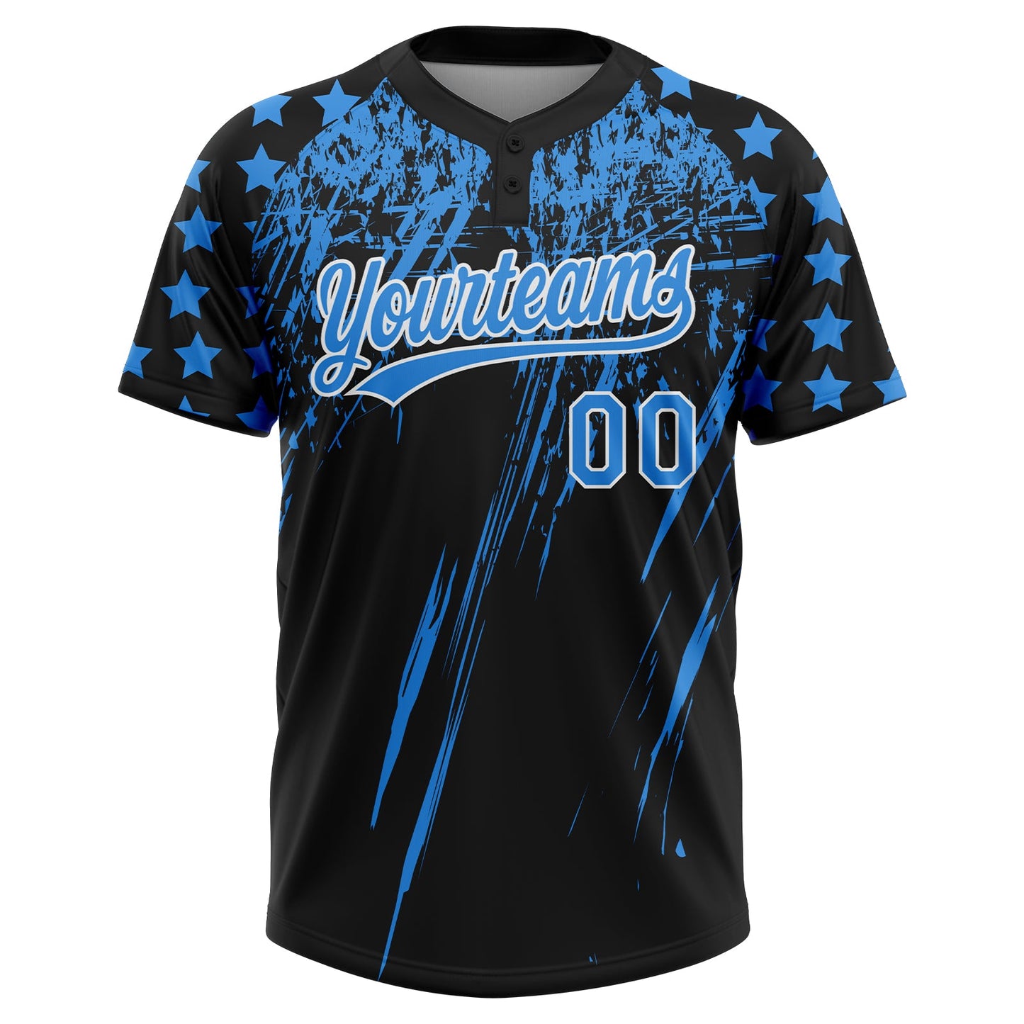 Custom Black Electric Blue-White Distressed Scratch Brush Stroke Star Raglan Sleeves Two-Button Unisex Softball Jersey view 2