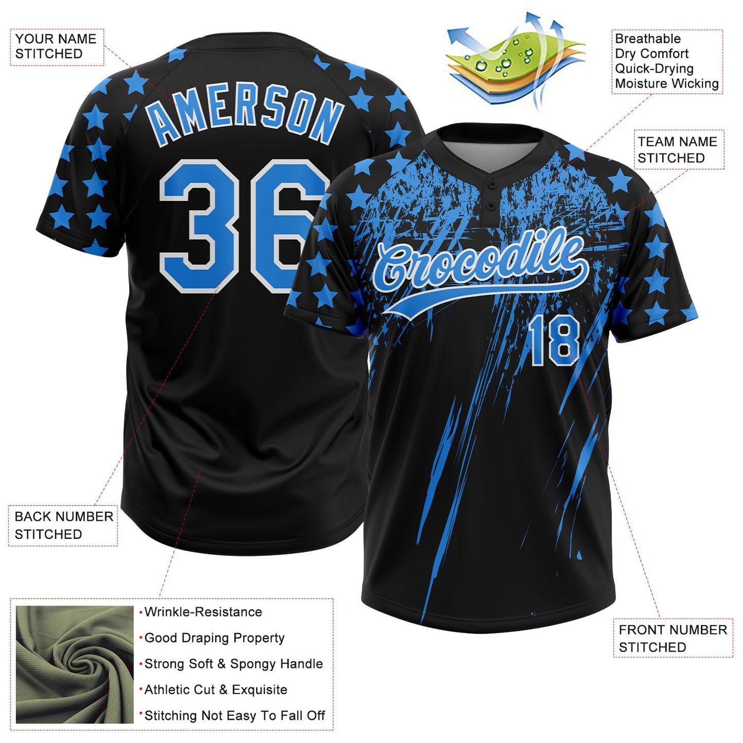 Custom Black Electric Blue-White Distressed Scratch Brush Stroke Star Raglan Sleeves Two-Button Unisex Softball Jersey view 3