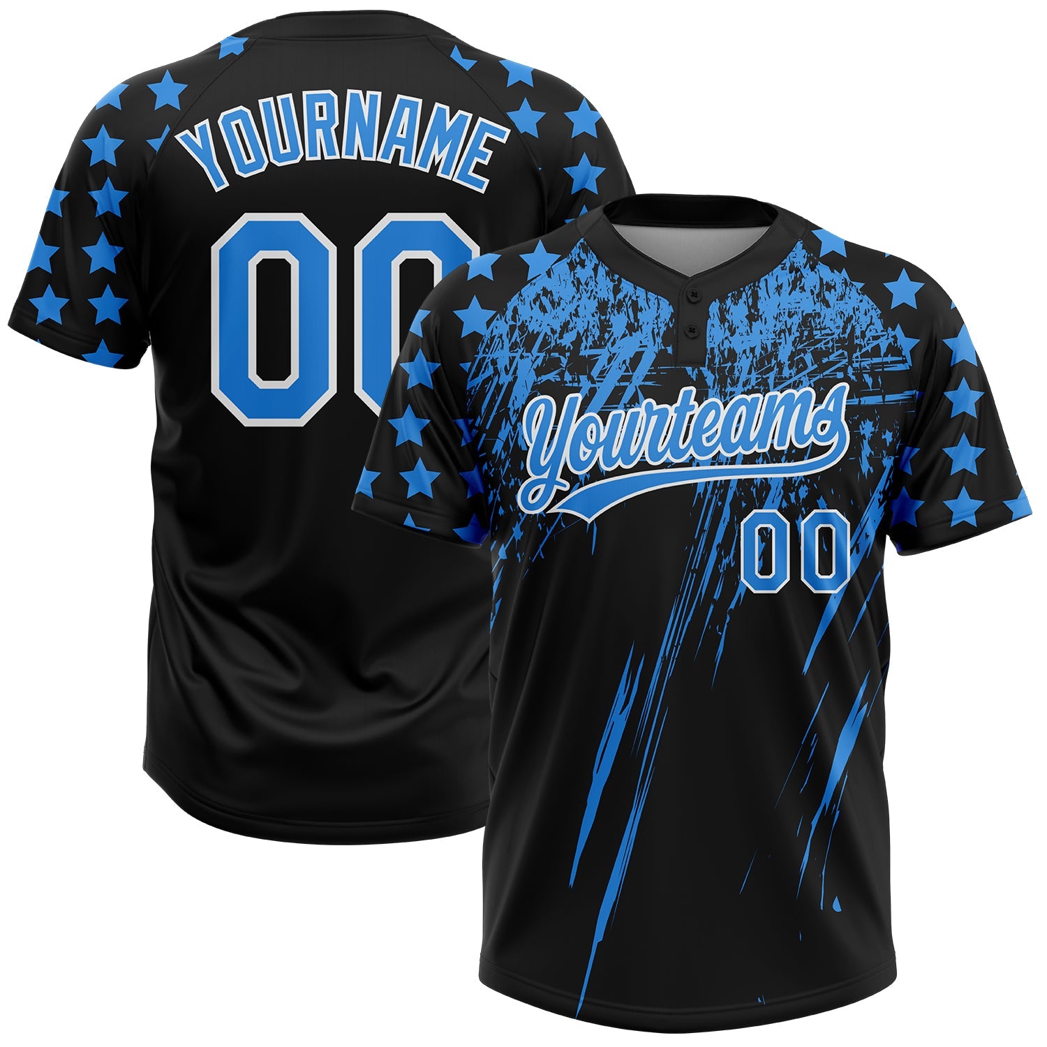 Custom Black Electric Blue-White Distressed Scratch Brush Stroke Star Raglan Sleeves Two-Button Unisex Softball Jersey - Main View