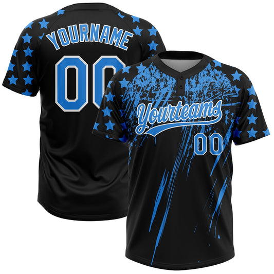 Custom Black Electric Blue-White Distressed Scratch Brush Stroke Star Raglan Sleeves Two-Button Unisex Softball Jersey - Main View