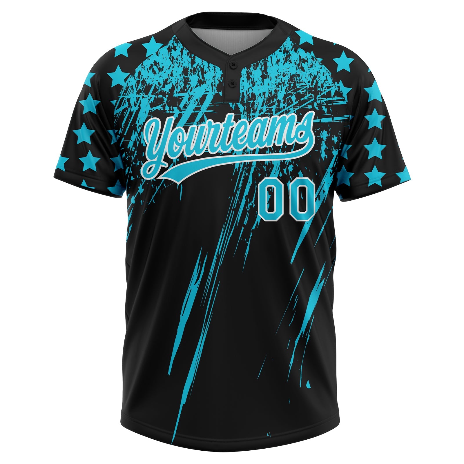 Custom Black Lakes Blue-White Distressed Scratch Brush Stroke Star Raglan Sleeves Two-Button Unisex Softball Jersey view 2