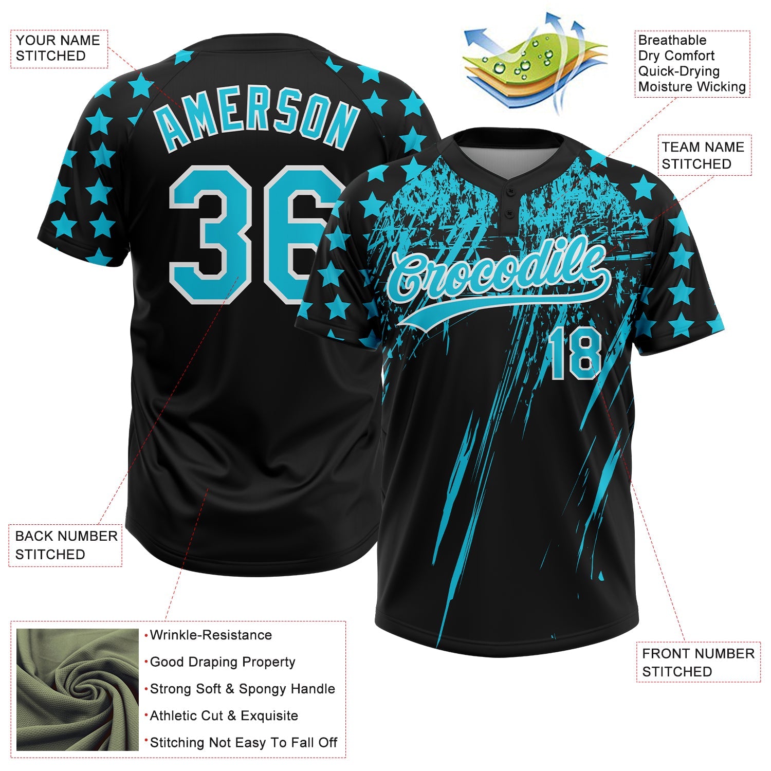 Custom Black Lakes Blue-White Distressed Scratch Brush Stroke Star Raglan Sleeves Two-Button Unisex Softball Jersey view 3