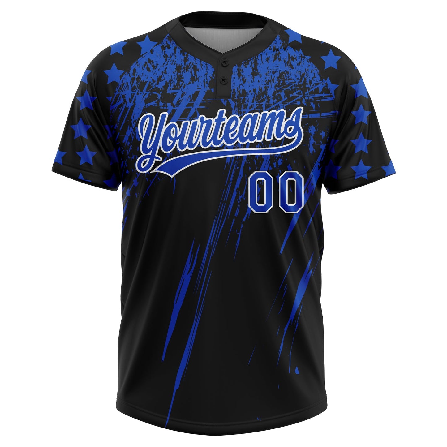 Custom Black Thunder Blue-White Distressed Scratch Brush Stroke Star Raglan Sleeves Two-Button Unisex Softball Jersey view 2