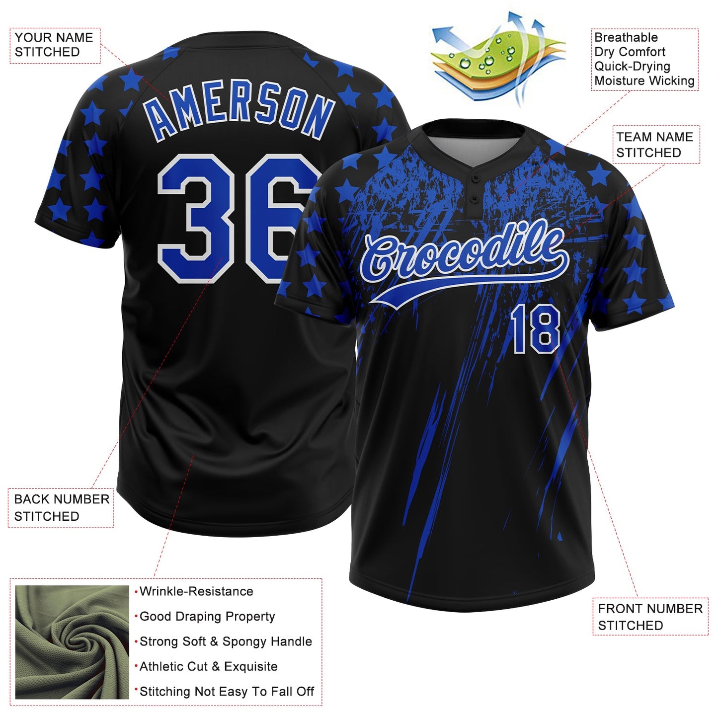 Custom Black Thunder Blue-White Distressed Scratch Brush Stroke Star Raglan Sleeves Two-Button Unisex Softball Jersey view 3
