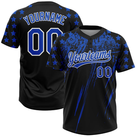 Custom Black Thunder Blue-White Distressed Scratch Brush Stroke Star Raglan Sleeves Two-Button Unisex Softball Jersey - Main View