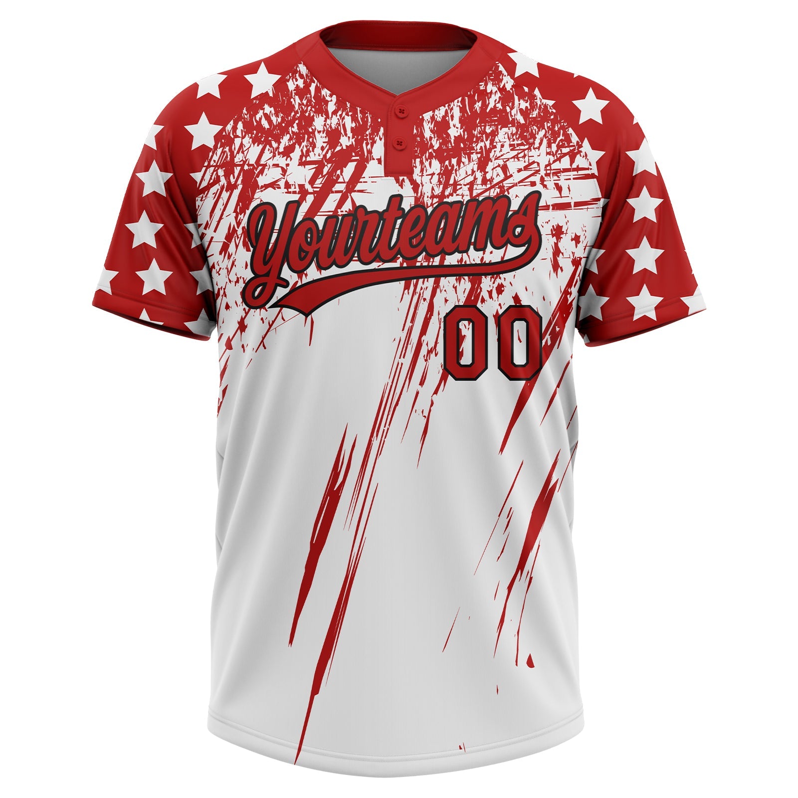 Custom White Red-Black Distressed Scratch Brush Stroke Star Raglan Sleeves Two-Button Unisex Softball Jersey view 2