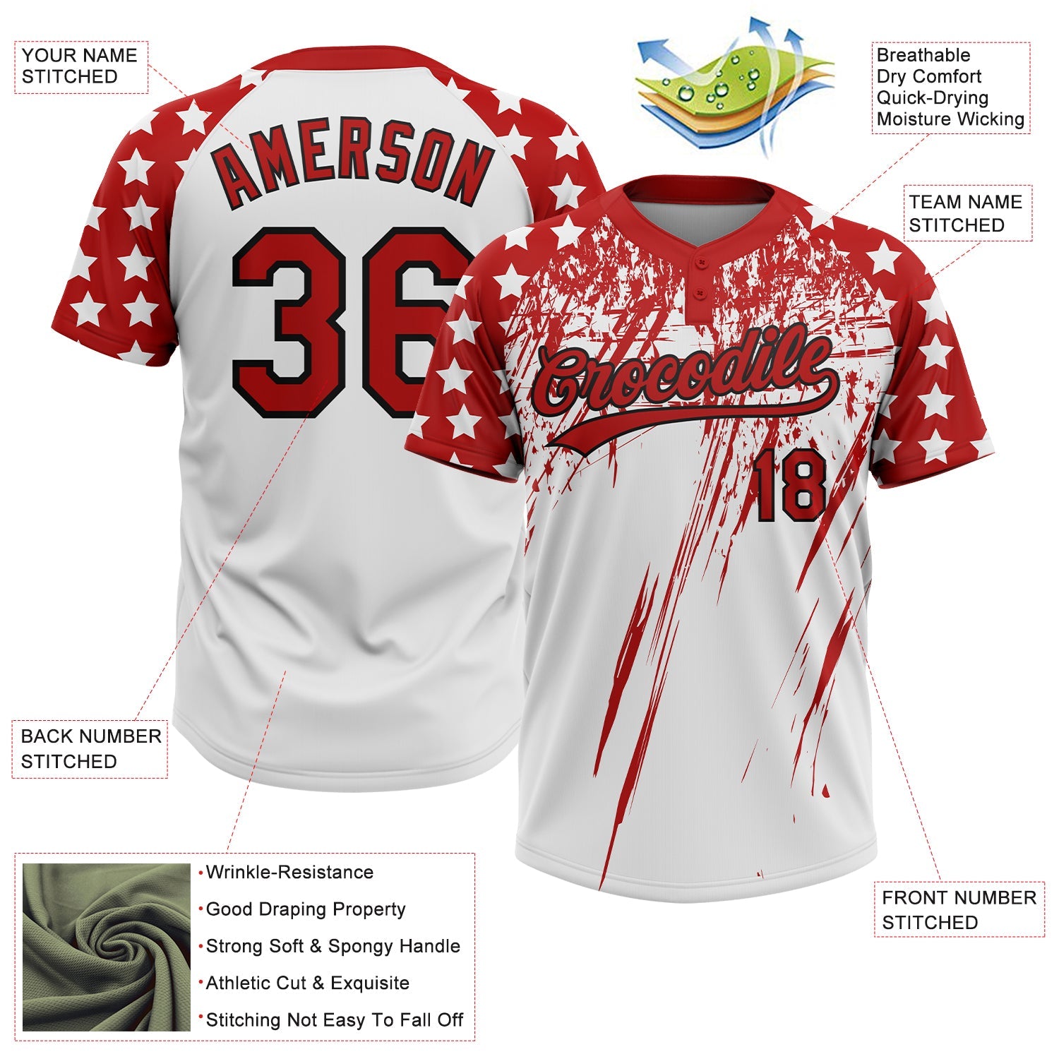 Custom White Red-Black Distressed Scratch Brush Stroke Star Raglan Sleeves Two-Button Unisex Softball Jersey view 3