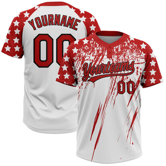 Custom White Red-Black Distressed Scratch Brush Stroke Star Raglan Sleeves Two-Button Unisex Softball Jersey - Main View