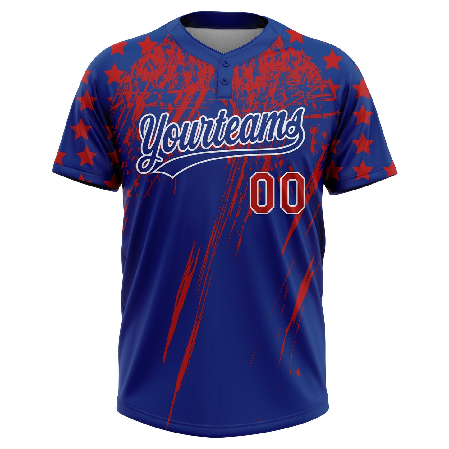 Custom Royal Red-White Distressed Scratch Brush Stroke Star Raglan Sleeves Two-Button Unisex Softball Jersey view 2