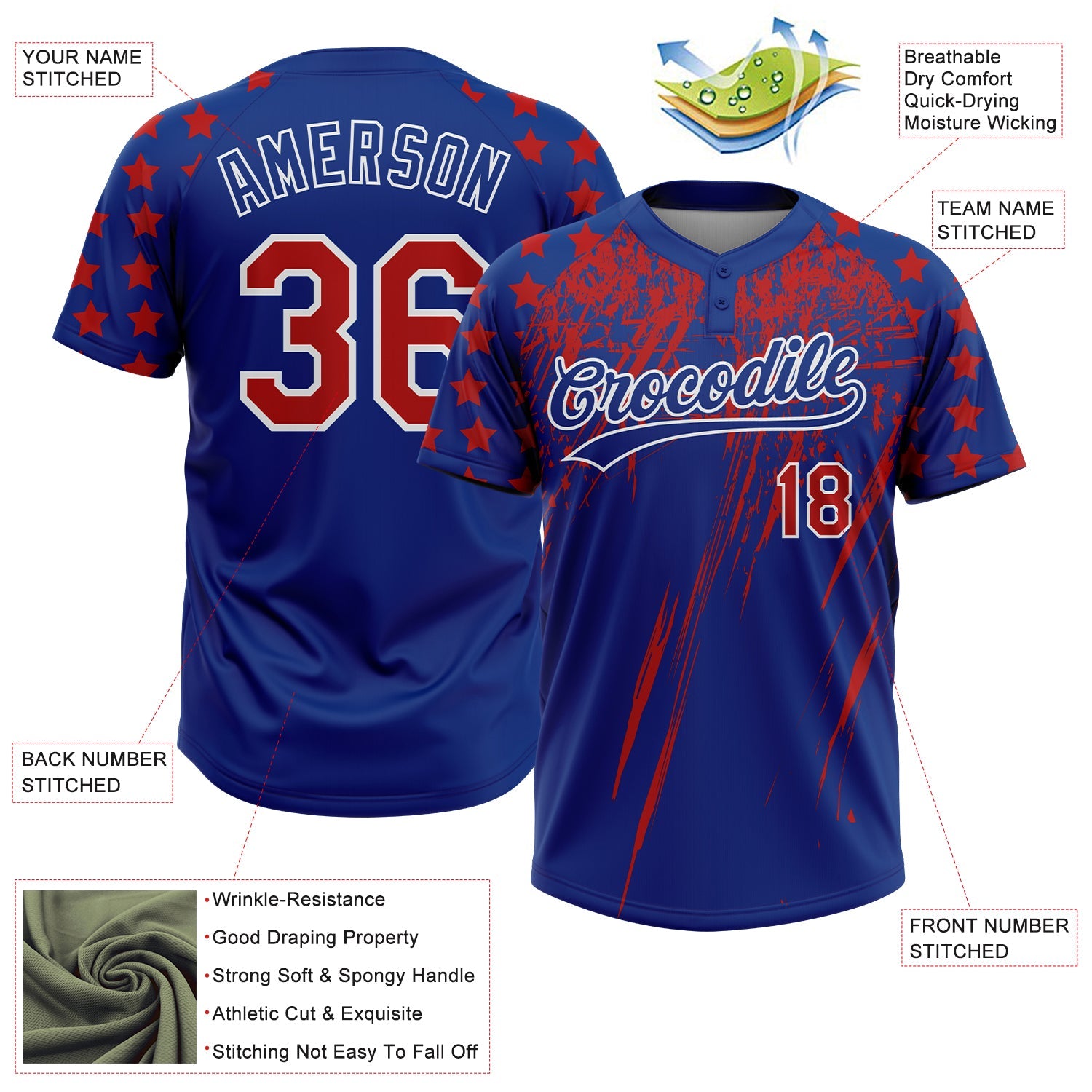 Custom Royal Red-White Distressed Scratch Brush Stroke Star Raglan Sleeves Two-Button Unisex Softball Jersey view 3