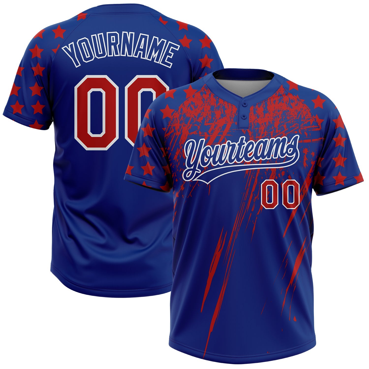 Custom Royal Red-White Distressed Scratch Brush Stroke Star Raglan Sleeves Two-Button Unisex Softball Jersey - Main View