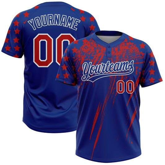 Custom Royal Red-White Distressed Scratch Brush Stroke Star Raglan Sleeves Two-Button Unisex Softball Jersey - Main View