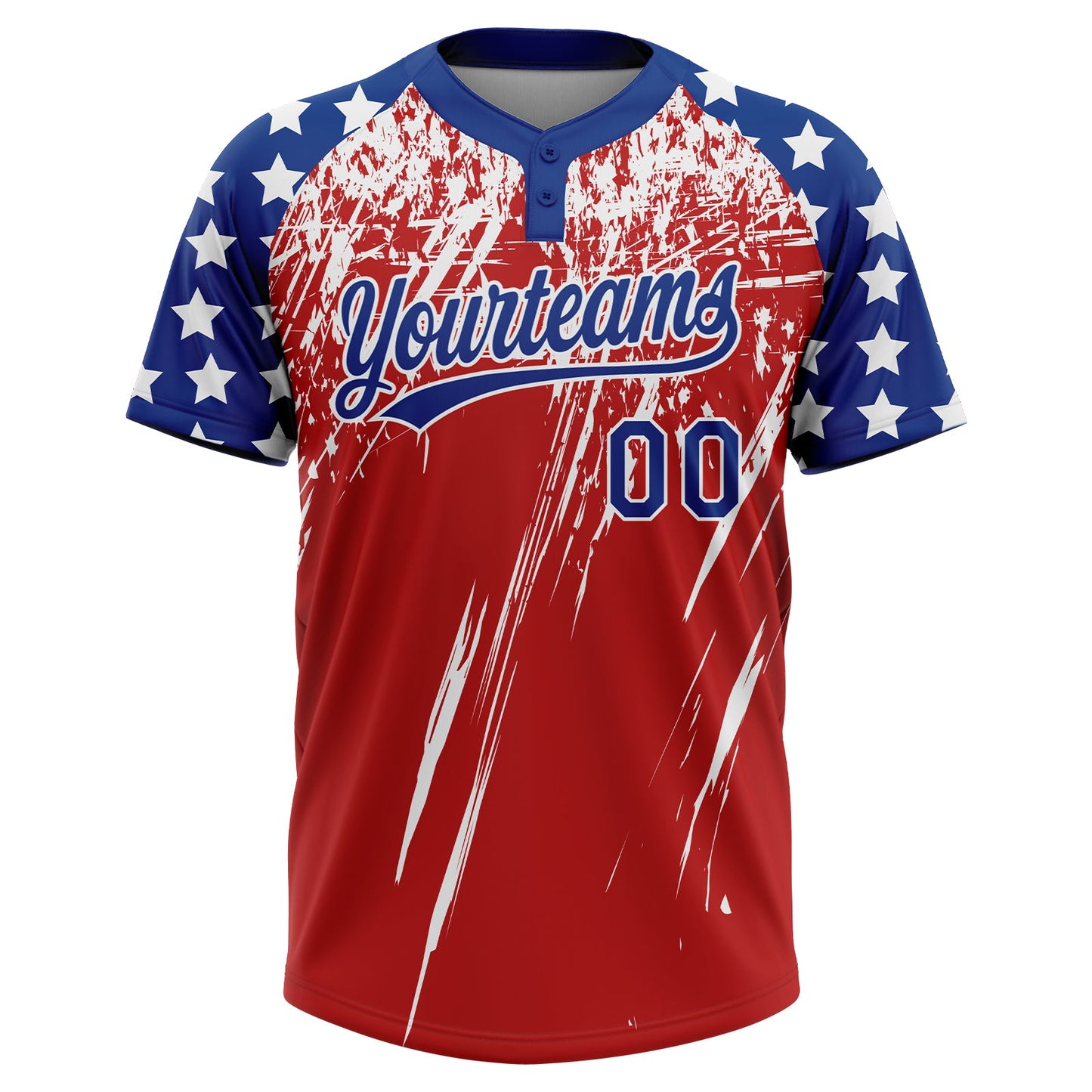 Custom Red Royal-White Distressed Scratch Brush Stroke Star Raglan Sleeves Two-Button Unisex Softball Jersey view 2