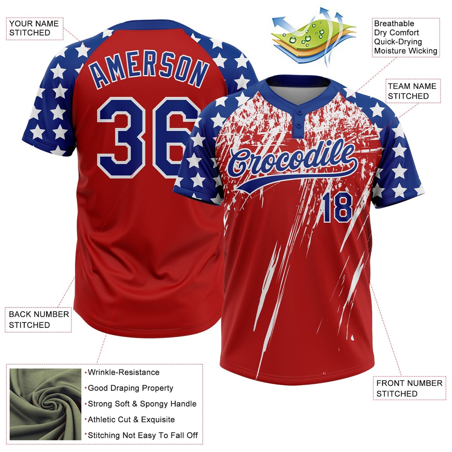 Custom Red Royal-White Distressed Scratch Brush Stroke Star Raglan Sleeves Two-Button Unisex Softball Jersey view 3