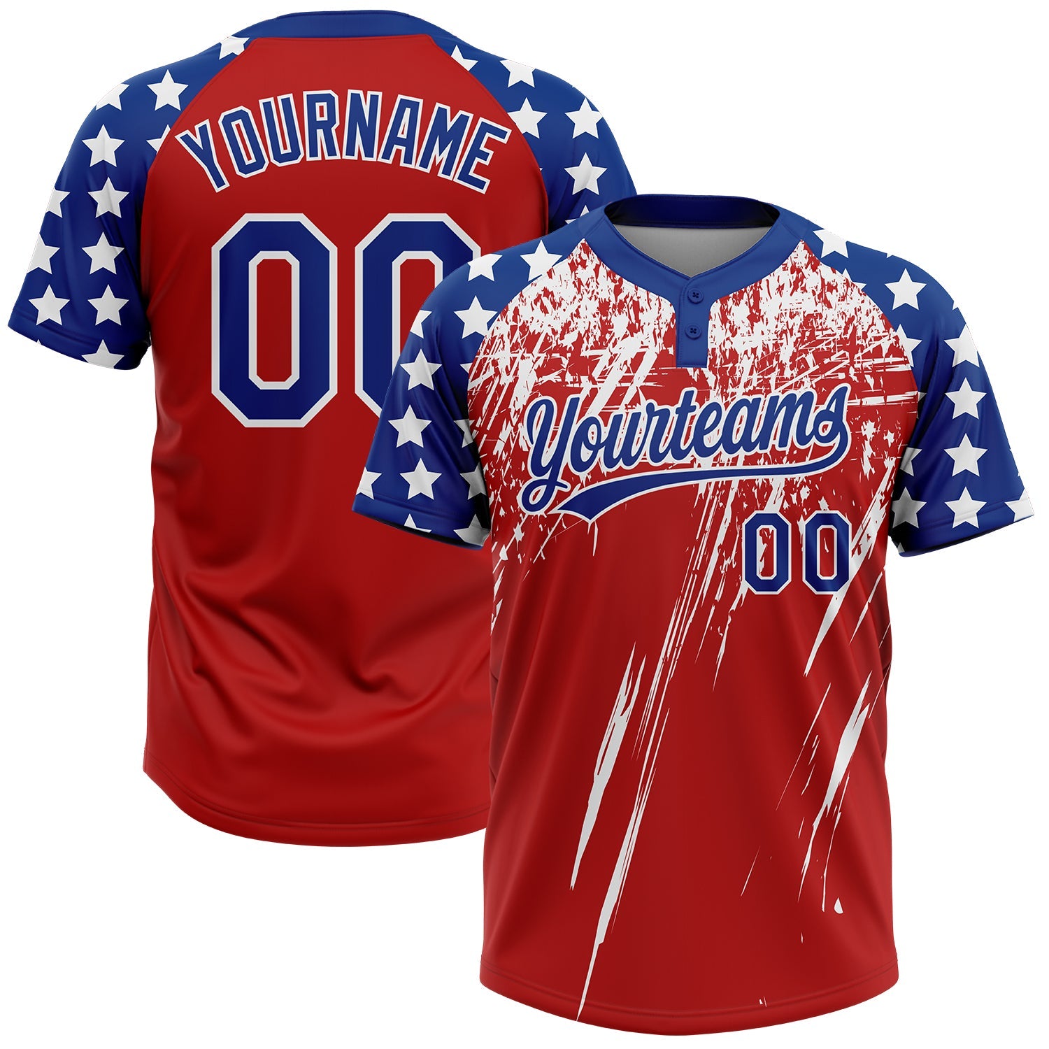 Custom Red Royal-White Distressed Scratch Brush Stroke Star Raglan Sleeves Two-Button Unisex Softball Jersey - Main View