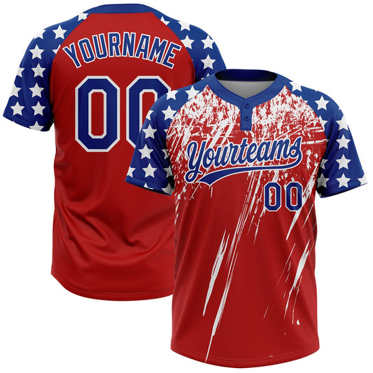 Custom Red Royal-White Distressed Scratch Brush Stroke Star Raglan Sleeves Two-Button Unisex Softball Jersey - Main View