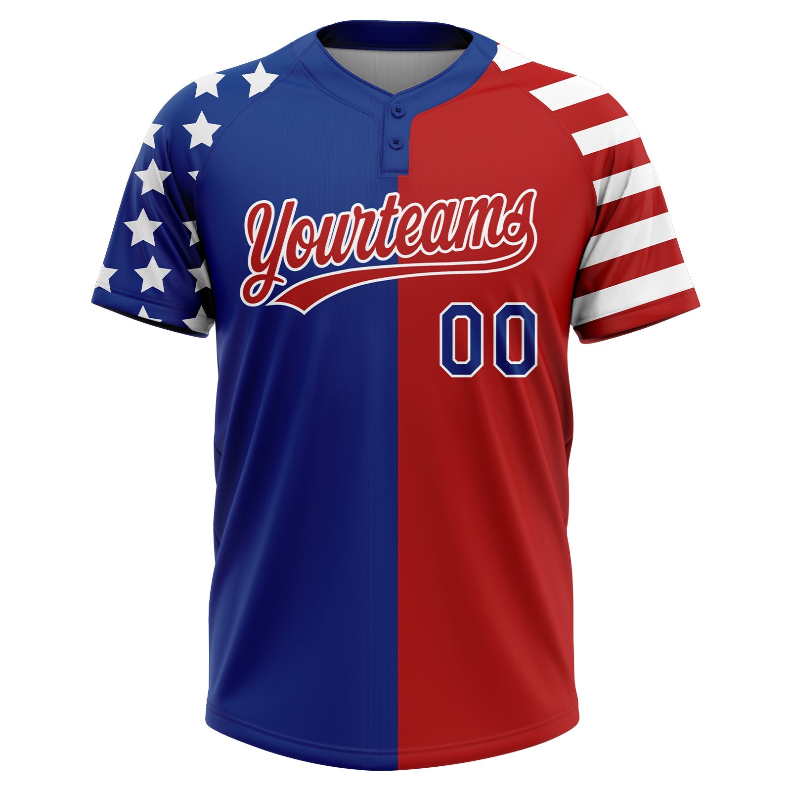 Custom Red Royal-White Stars & Stripes Raglan Sleeves Two-Button Unisex Softball Jersey view 2
