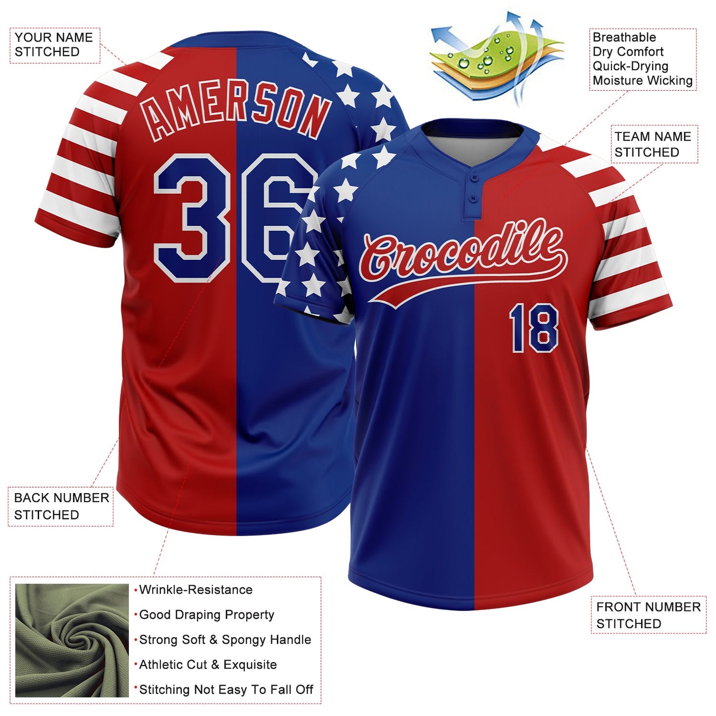 Custom Red Royal-White Stars & Stripes Raglan Sleeves Two-Button Unisex Softball Jersey view 3