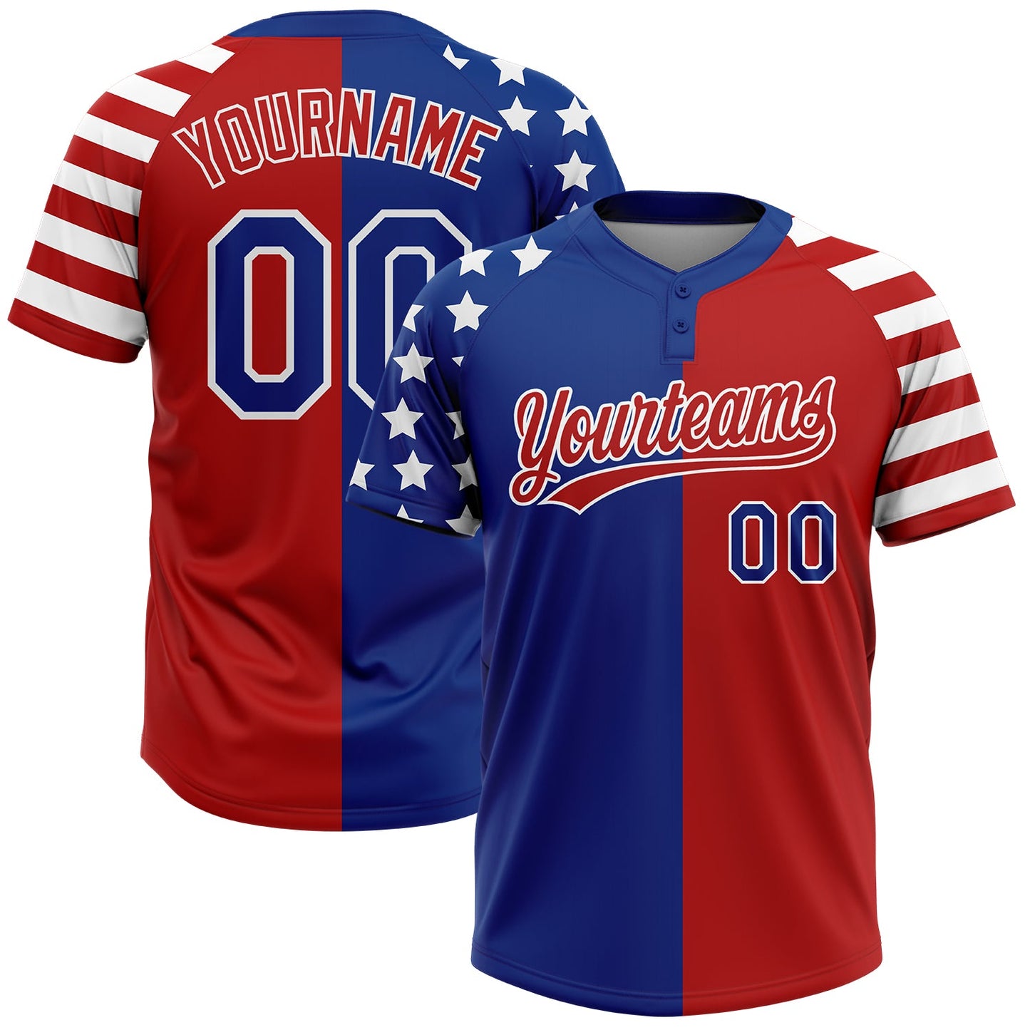 Custom Red Royal-White Stars & Stripes Raglan Sleeves Two-Button Unisex Softball Jersey - Main View