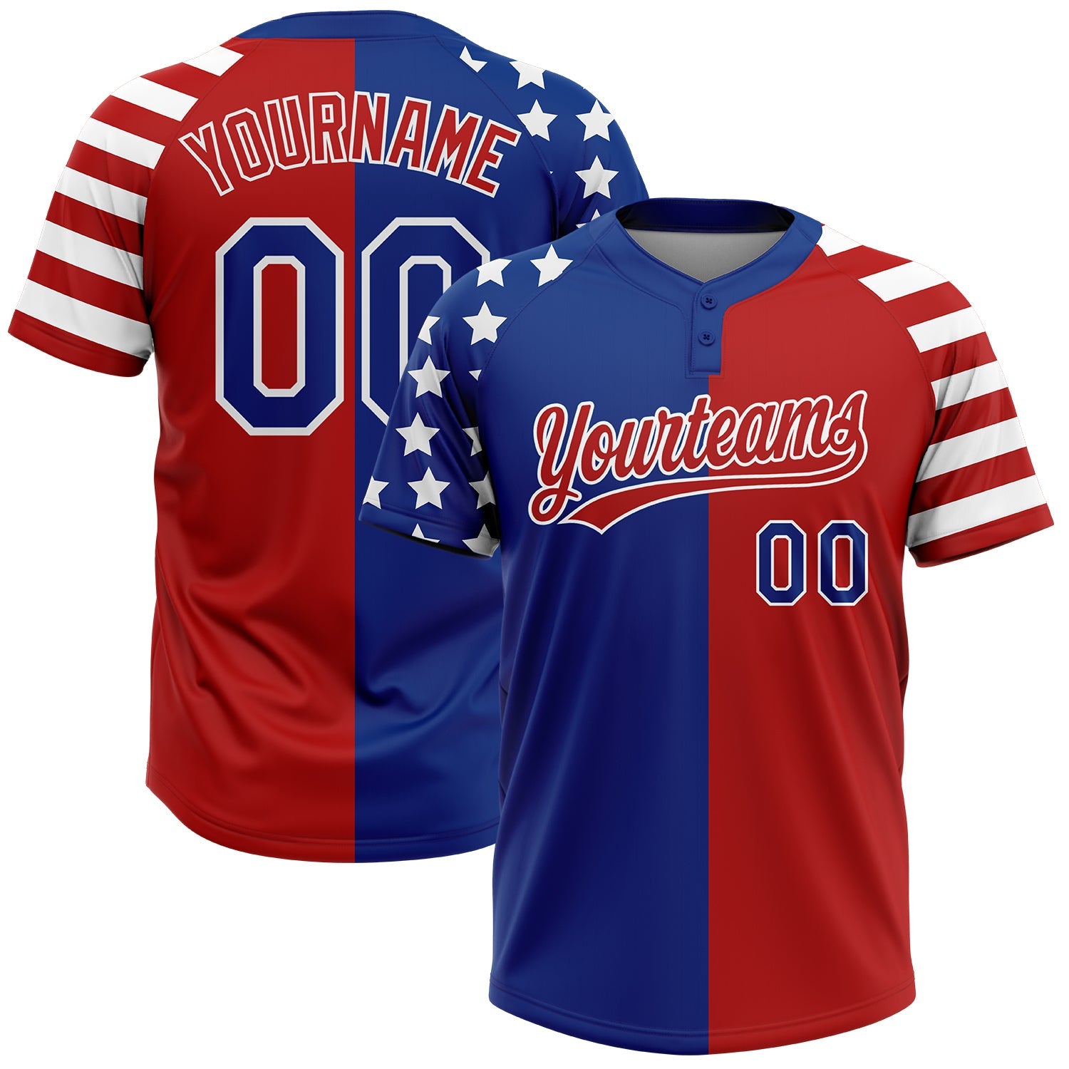 Custom Red Royal-White Stars & Stripes Raglan Sleeves Two-Button Unisex Softball Jersey - Main View
