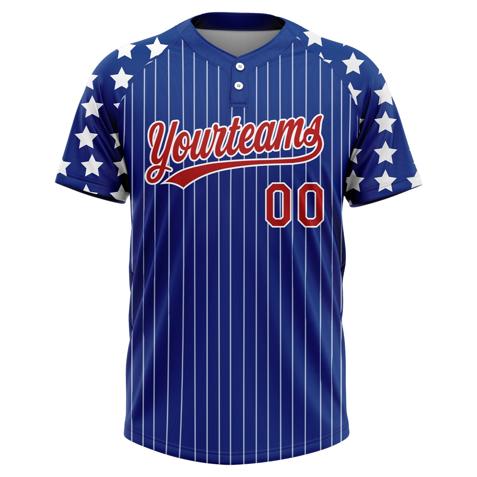 Custom Royal White Pinstripe Red Star Raglan Sleeves Two-Button Unisex Softball Jersey view 2
