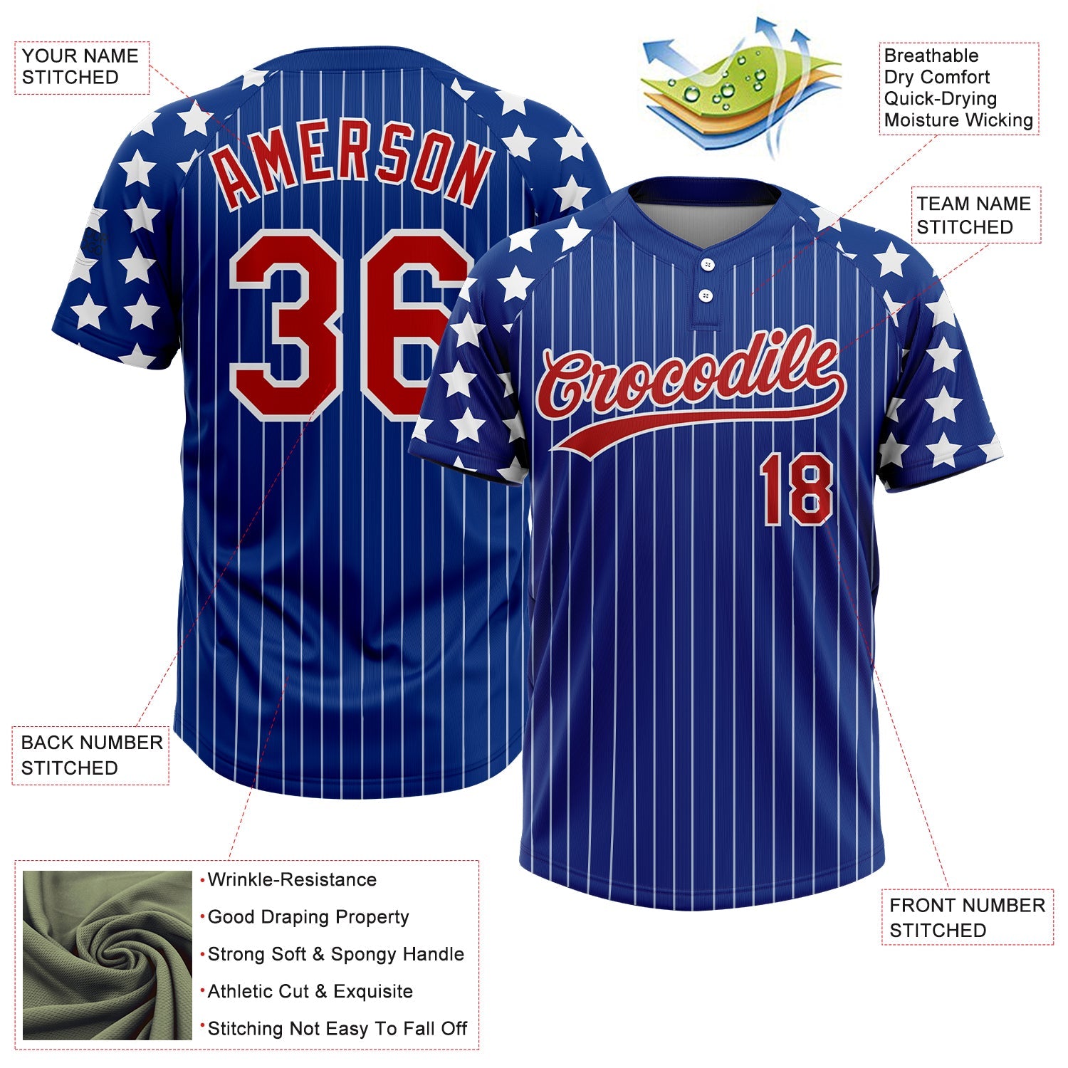 Custom Royal White Pinstripe Red Star Raglan Sleeves Two-Button Unisex Softball Jersey view 3