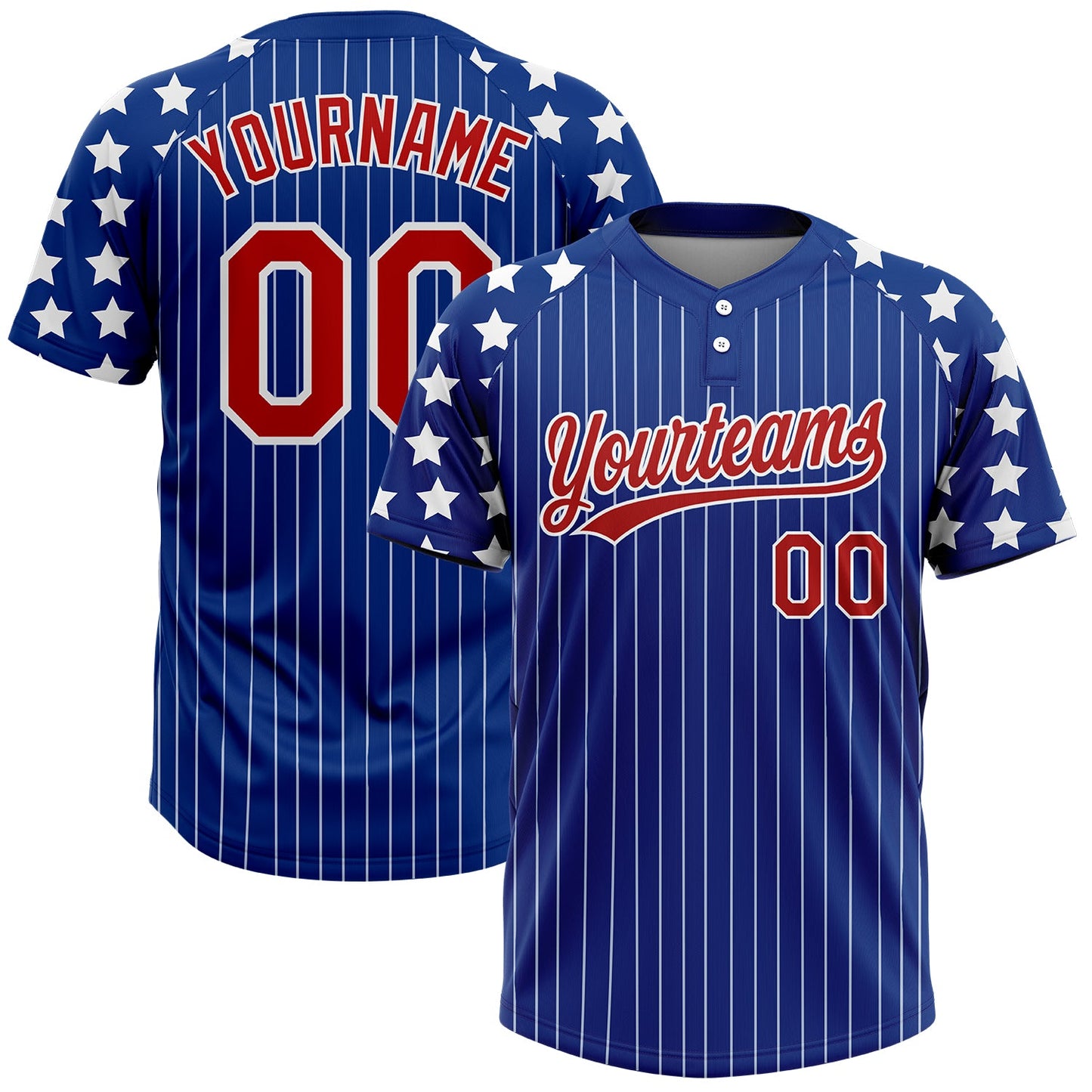 Custom Royal White Pinstripe Red Star Raglan Sleeves Two-Button Unisex Softball Jersey - Main View