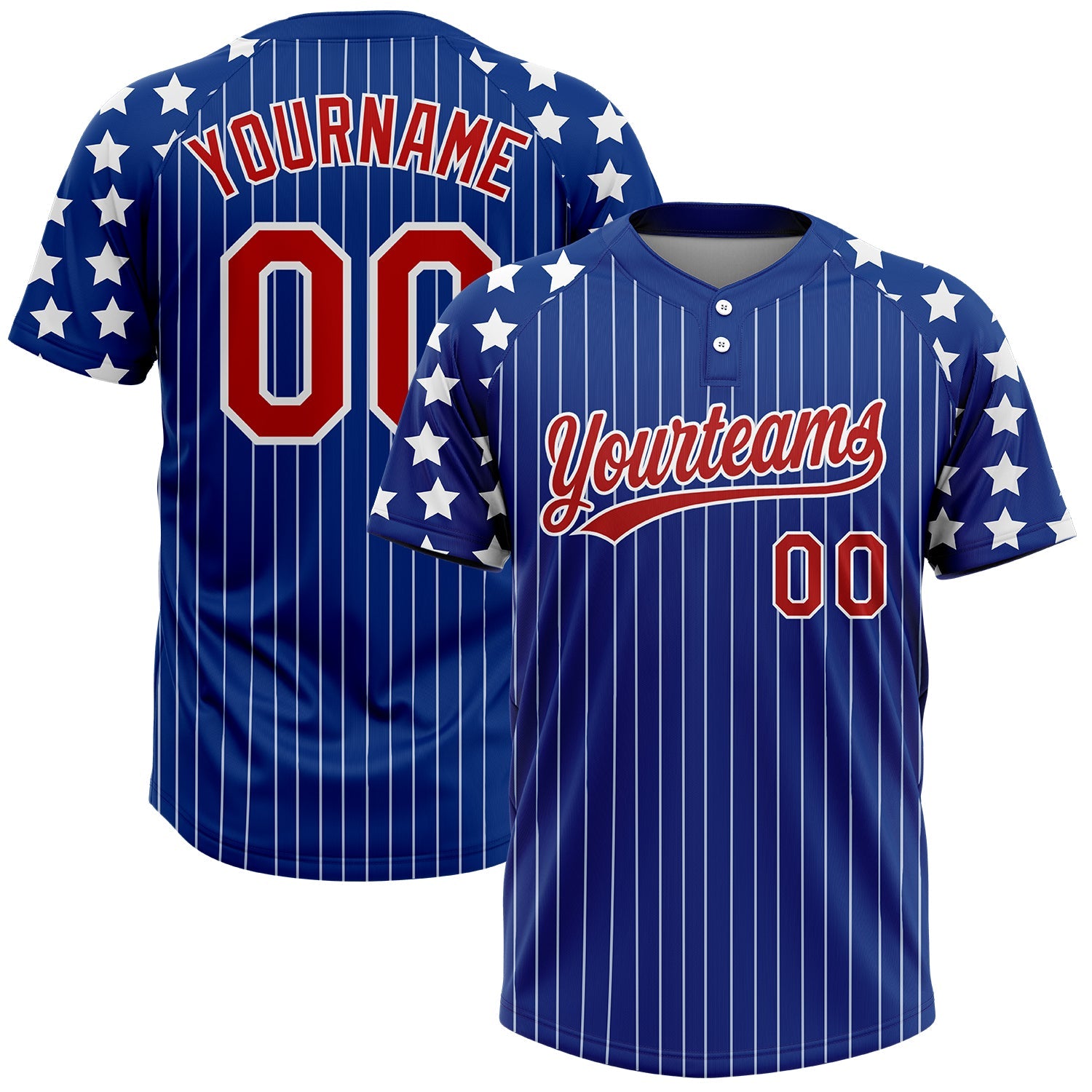 Custom Royal White Pinstripe Red Star Raglan Sleeves Two-Button Unisex Softball Jersey - Main View