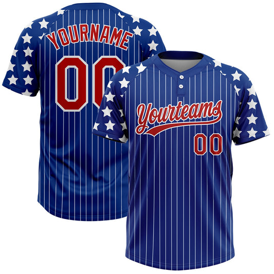 Custom Royal White Pinstripe Red Star Raglan Sleeves Two-Button Unisex Softball Jersey - Main View