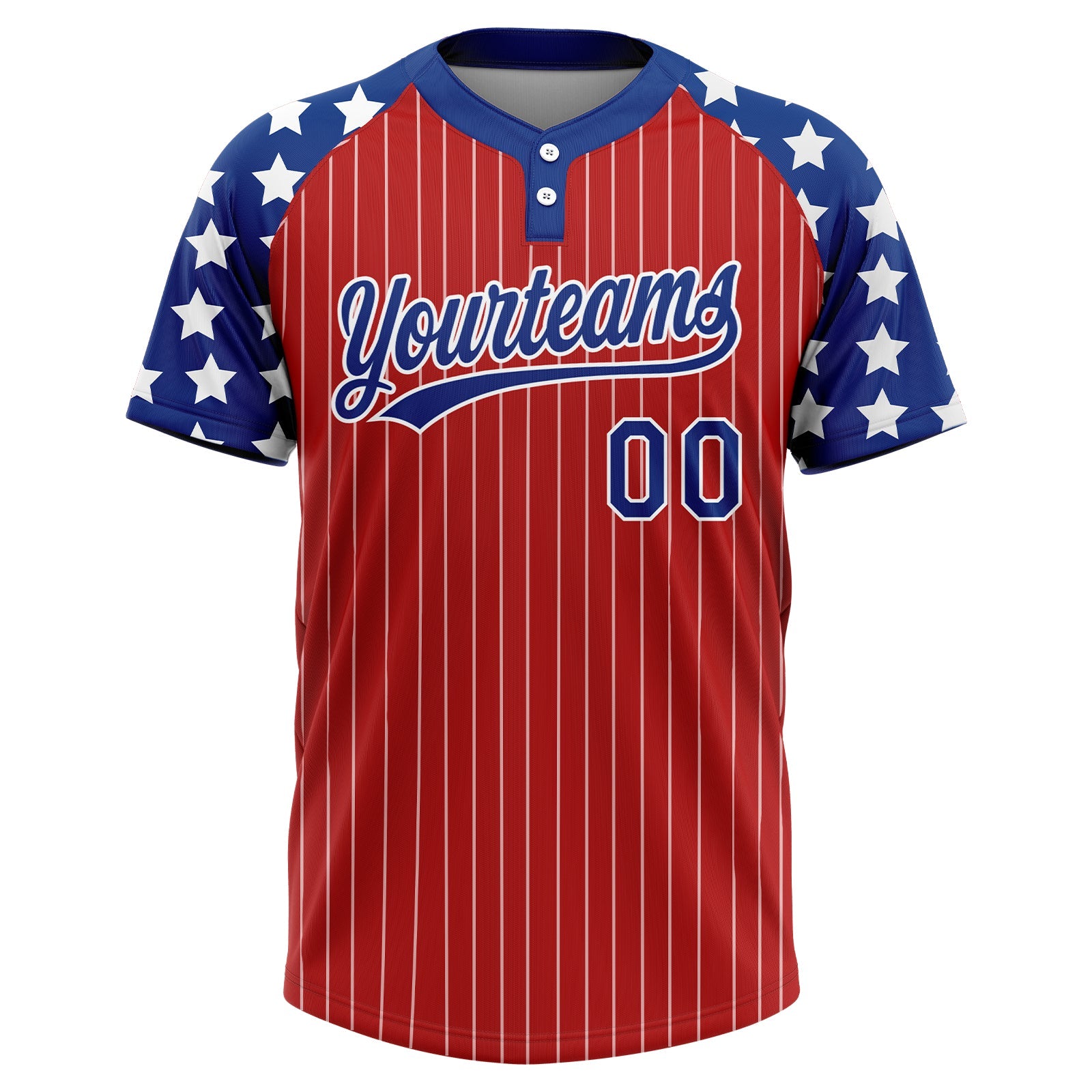 Custom Red White Pinstripe Royal Star Raglan Sleeves Two-Button Unisex Softball Jersey view 2