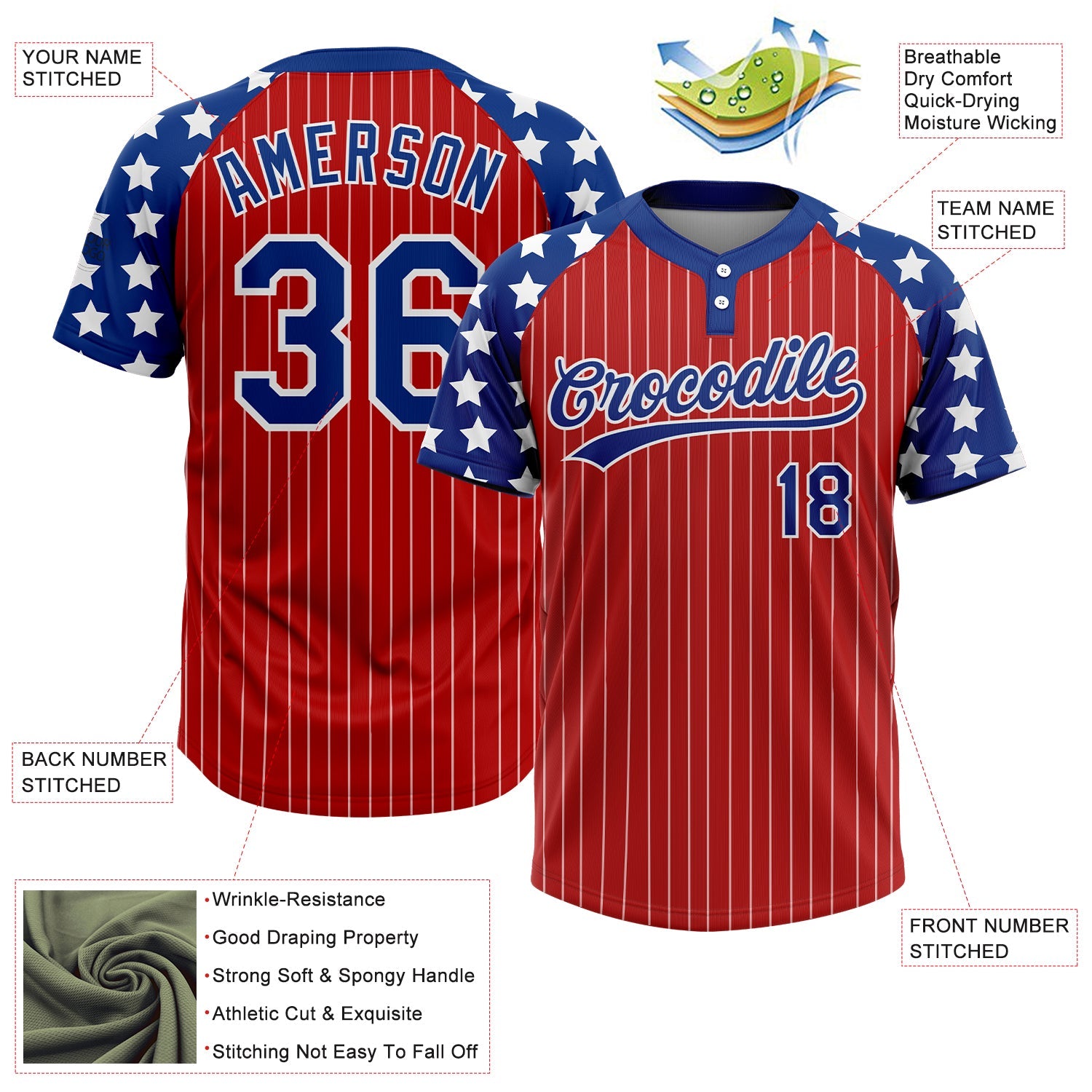 Custom Red White Pinstripe Royal Star Raglan Sleeves Two-Button Unisex Softball Jersey view 3