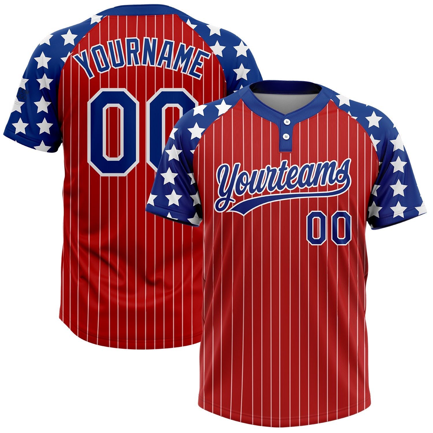 Custom Red White Pinstripe Royal Star Raglan Sleeves Two-Button Unisex Softball Jersey - Main View